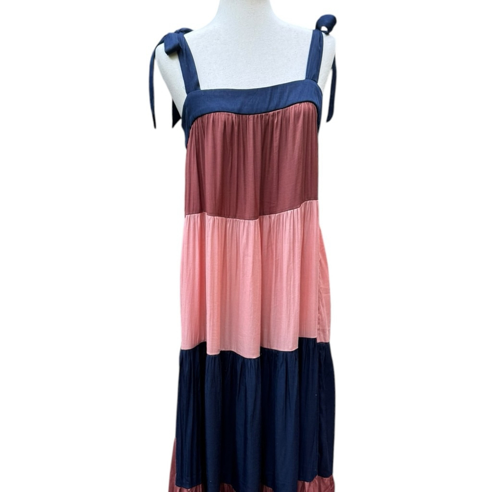 FRNCH Paris Tiered Maxi Dress M Tie Strap Colorblock Boho Viscose Summer Beach - Picture 4 of 14